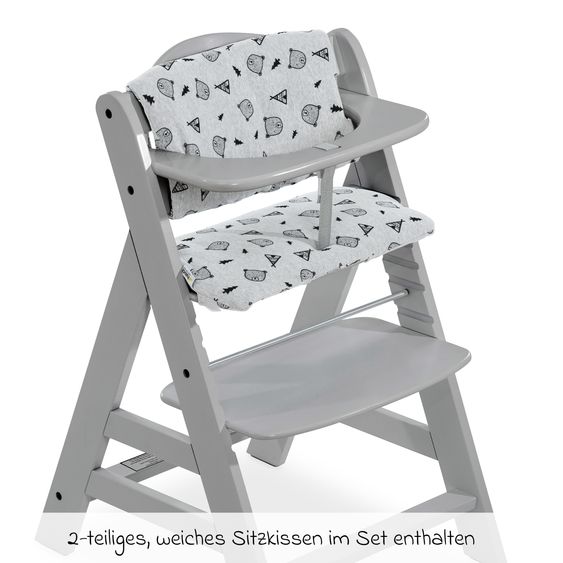 Hauck Alpha Plus Grey 4-tlg. Newborn Set Pastell Bear - Hochstuhl + Neugeborenenaufsatz & Wippe + Sitzkissen Nordic Grey