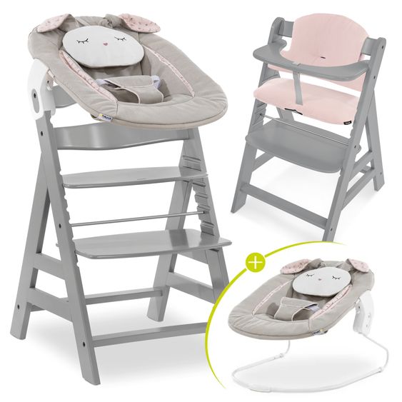 Hauck Alpha Plus Grey 4-tlg. Newborn Set Powder Bunny - Hochstuhl + Neugeborenenaufsatz & Wippe + Sitzkissen Muslin Mineral Rose