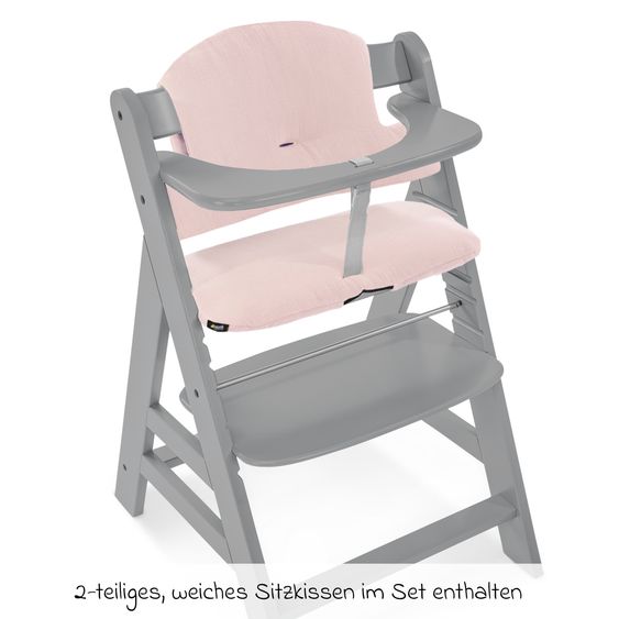 Hauck Alpha Plus Grey 4-tlg. Newborn Set Powder Bunny - Hochstuhl + Neugeborenenaufsatz & Wippe + Sitzkissen Muslin Mineral Rose