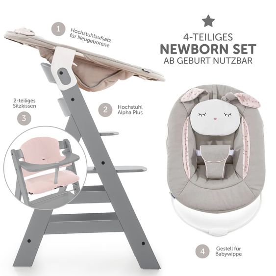 Hauck Alpha Plus Grey 4-tlg. Newborn Set Powder Bunny - Hochstuhl + Neugeborenenaufsatz & Wippe + Sitzkissen Muslin Mineral Rose