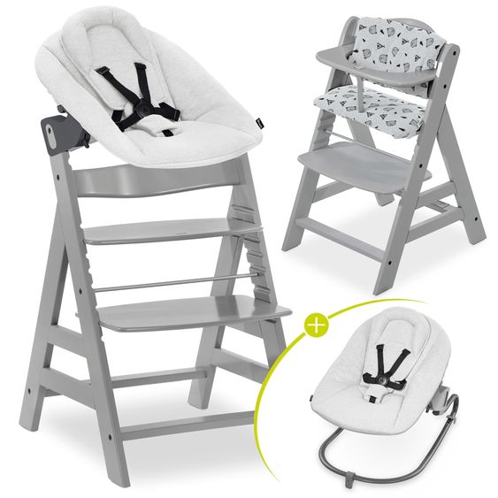 Hauck Alpha Plus Grey 4-piece newborn set Light Grey - high chair + newborn attachment & rocker + Nordic Grey seat cushion