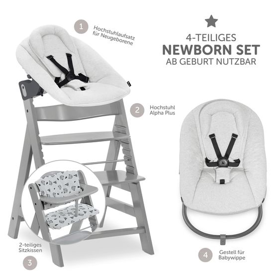 Hauck Alpha Plus Grey 4-piece newborn set Light Grey - high chair + newborn attachment & rocker + Nordic Grey seat cushion