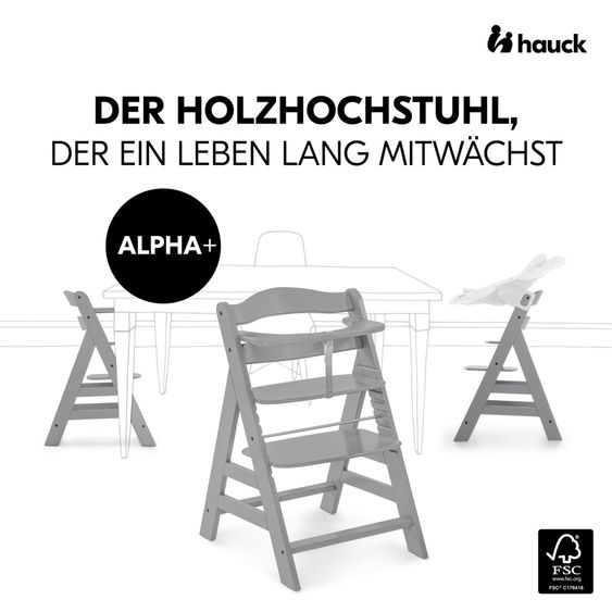 Hauck Alpha Plus Grey 4-piece newborn set Light Grey - high chair + newborn attachment & rocker + Nordic Grey seat cushion