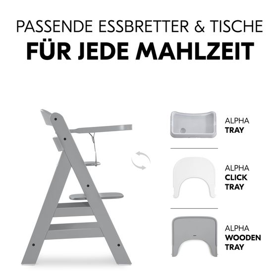 Hauck Alpha Plus Grey 7-tlg. Newborn Set - Hochstuhl + 2in1 Neugeborenen-Aufsatz & Wippe + Sitzpolster + GRATIS Wickelbody 3er Pack - Stretch Grey