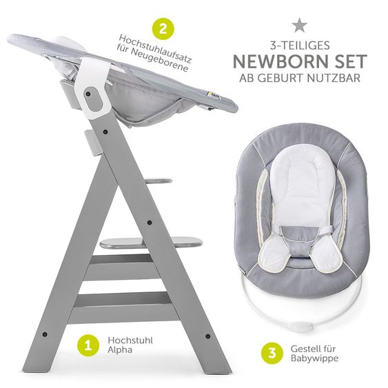 Hauck Alpha Plus Grey Newborn Set - 3-tlg. Hochstuhl + Neugeboreneneinsatz & Wippe Stretch Grey