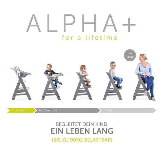 Hauck Alpha Plus Grey Newborn Set - 3-tlg. Hochstuhl + Neugeboreneneinsatz & Wippe Stretch Grey