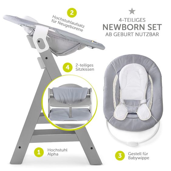 Hauck Alpha Plus Grey Newborn Set - 4-tlg. Hochstuhl + Neugeborenenaufsatz & Wippe Stretch Grey + Sitzkissen