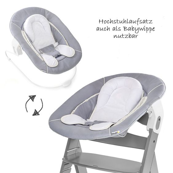 Hauck Alpha Plus Grey Newborn Set - 4-tlg. Hochstuhl + Neugeborenenaufsatz & Wippe Stretch Grey + Sitzkissen