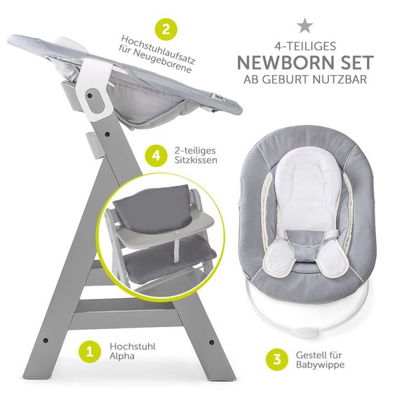 Hauck Alpha Plus Grey Newborn Set - 4-tlg. Hochstuhl + Neugeboreneneinsatz & Wippe Stretch Grey + Sitzpolster