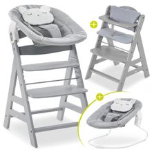 Alpha Plus Set Neonato Grigio Orso Pastello - Seggiolone 4 pezzi + Attacco Neonato + Cuscino Seduta Grigio