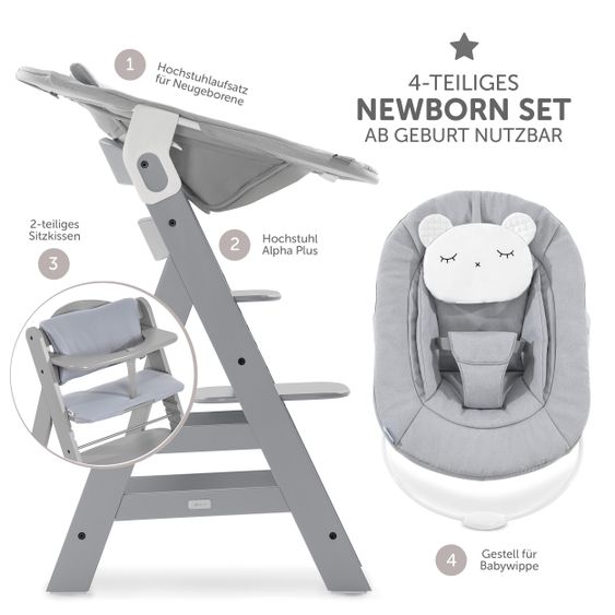 Hauck Alpha Plus Grey Newborn Set Pastell Bear - 4-tlg. Hochstuhl + Neugeborenenaufsatz + Sitzkissen Grau