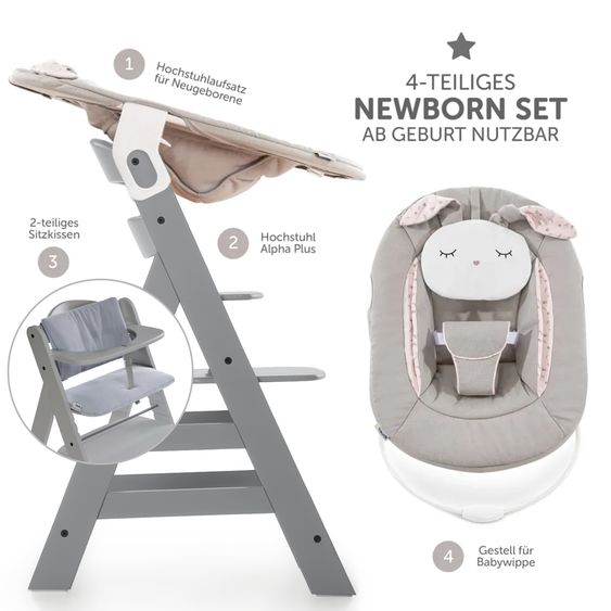 Hauck Alpha Plus Grey 4-piece Newborn Set Powder Bunny - high chair + newborn attachment + seat cushion Grey