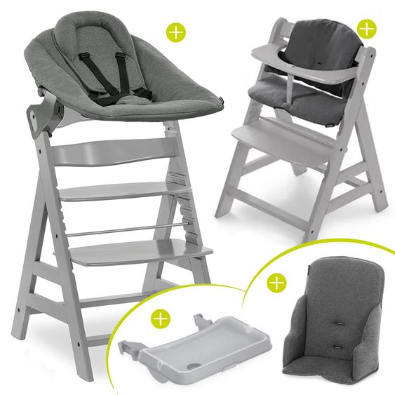 Hauck Alpha Plus Grey XXL Newborn Set - Hochstuhl + 2in1 Aufsatz Bouncer & Wippe + Alpha Tray Essbrett + Sitzverkleinerer + Hochstuhlauflage - Jersey Charcoal