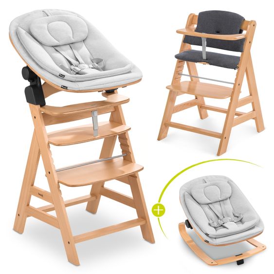 Hauck Alpha Plus Natur 4-tlg. Newborn Set Eco - Hochstuhl + 2in1 Babyaufsatz & Wippe + Sitzkissen - Light Grey / Charcoal