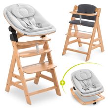 Alpha Plus Natur 4-tlg. Newborn Set Eco - Hochstuhl + 2in1 Babyaufsatz & Wippe + Sitzkissen - Light Grey / Charcoal