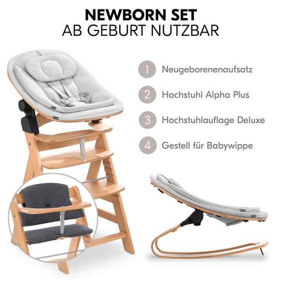 Hauck Alpha Plus Natur 4-tlg. Newborn Set Eco - Hochstuhl + 2in1 Babyaufsatz & Wippe + Sitzkissen - Light Grey / Charcoal