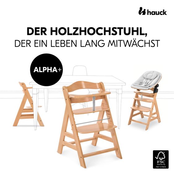 Hauck Alpha Plus Natur 4-tlg. Newborn Set Eco - Hochstuhl + 2in1 Babyaufsatz & Wippe + Sitzkissen - Light Grey / Charcoal