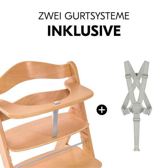 Hauck Alpha Plus Natur 4-tlg. Newborn Set Eco - Hochstuhl + 2in1 Babyaufsatz & Wippe + Sitzkissen - Light Grey / Charcoal