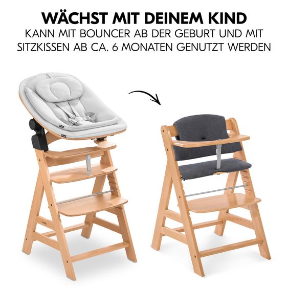 Hauck Alpha Plus Natur 4-tlg. Newborn Set Eco - Hochstuhl + 2in1 Babyaufsatz & Wippe + Sitzkissen - Light Grey / Charcoal