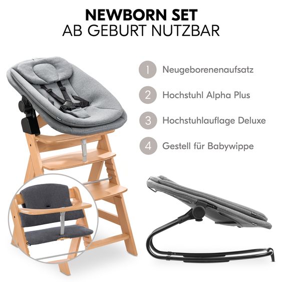 Hauck Alpha Plus Natur 4-tlg. Newborn Set - Hochstuhl + 2in1 Babyaufsatz & Wippe + Sitzkissen - Dark Grey Melange