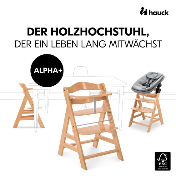 Hauck Alpha Plus Natur 4-tlg. Newborn Set - Hochstuhl + 2in1 Babyaufsatz & Wippe + Sitzkissen - Dark Grey Melange