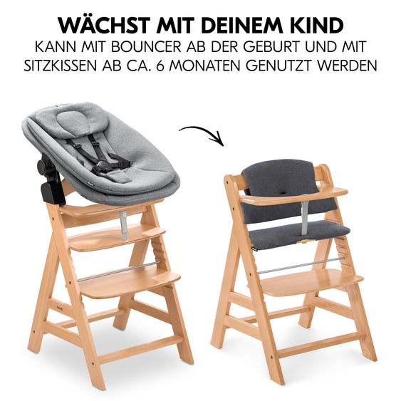 Hauck Alpha Plus Natur 4-tlg. Newborn Set - Hochstuhl + 2in1 Babyaufsatz & Wippe + Sitzkissen - Dark Grey Melange