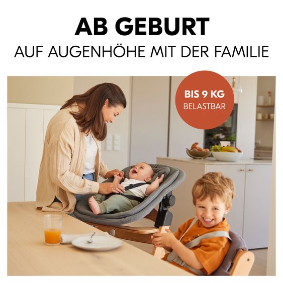 Hauck Alpha Plus Natur 4-tlg. Newborn Set - Hochstuhl + 2in1 Babyaufsatz & Wippe + Sitzkissen - Dark Grey Melange