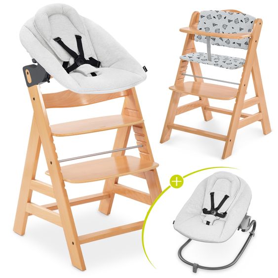 Hauck Set neonato Alpha Plus Nature 4 pezzi Grigio chiaro - seggiolone + aggancio neonato e sdraietta + cuscino di seduta Grigio Nordico