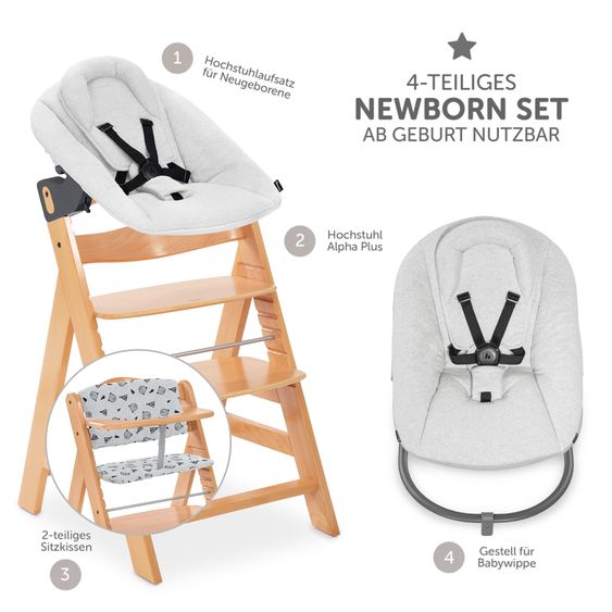 Hauck Alpha Plus Natur 4-tlg. Newbornset Light Grey - Hochstuhl + Neugeborenenaufsatz & Wippe + Sitzkissen Nordic Grey