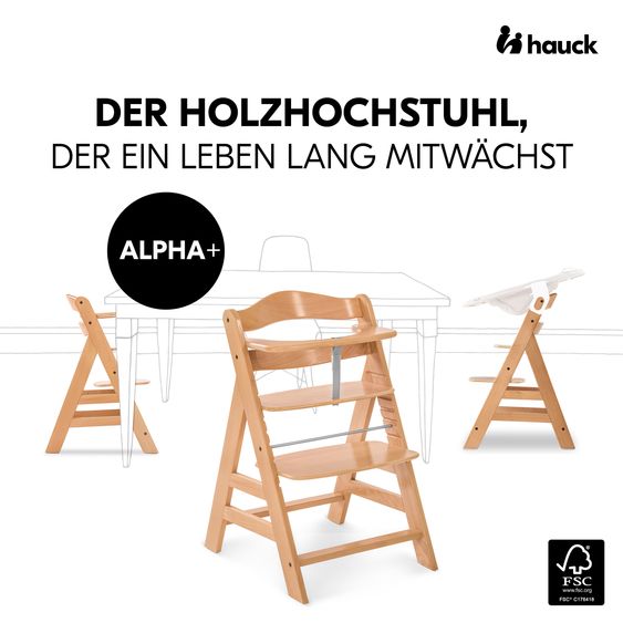 Hauck Alpha Plus Nature 4-piece newborn set Light Grey - high chair + newborn attachment & rocker + Nordic Grey seat cushion