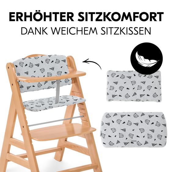 Hauck Alpha Plus Natur 4-tlg. Newbornset Light Grey - Hochstuhl + Neugeborenenaufsatz & Wippe + Sitzkissen Nordic Grey