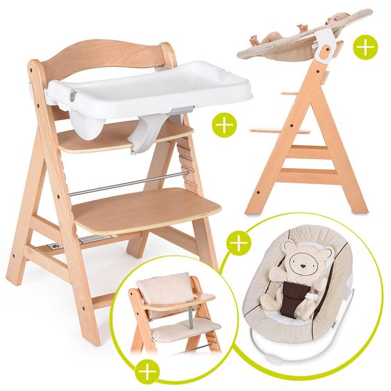Hauck Alpha Plus Natur 5-tlg. XXL Newborn Set - Hochstuhl + 2in1 Neugeboreneneinsatz + Alpha Tray + Sitzpolster