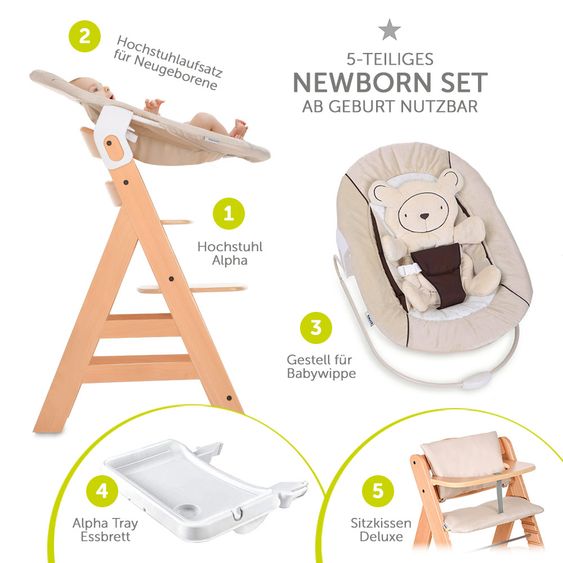 Hauck Alpha Plus Natur 5-tlg. XXL Newborn Set - Hochstuhl + 2in1 Neugeboreneneinsatz + Alpha Tray + Sitzpolster