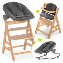 Alpha Plus Natur Newborn Set - 4-tlg. Hochstuhl + Aufsatz & Wippe Premium Jersey Charcoal + Sitzpolster