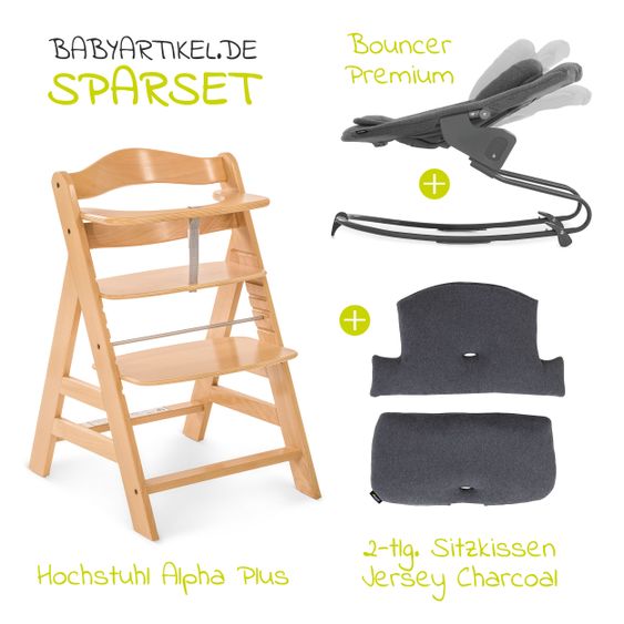 Hauck Alpha Plus Natur Newborn Set - 4-tlg. Hochstuhl + Aufsatz & Wippe Premium Jersey Charcoal + Sitzpolster
