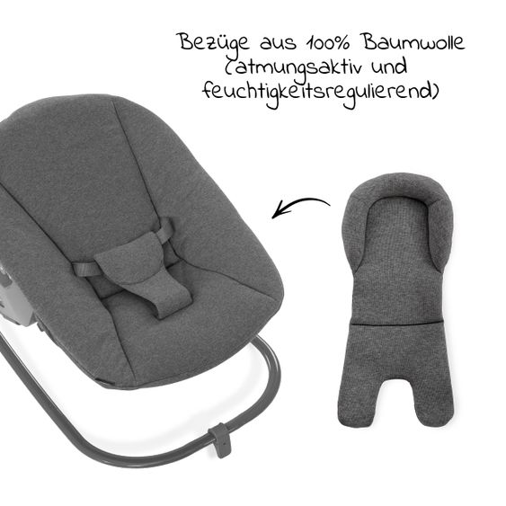 Hauck Alpha Plus Natur Newborn Set - 4-tlg. Hochstuhl + Aufsatz & Wippe Premium Jersey Charcoal + Sitzpolster