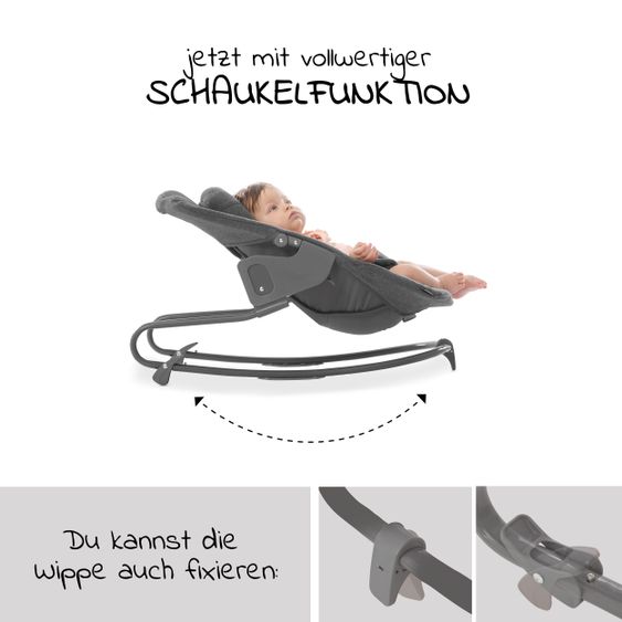 Hauck Alpha Plus Natur Newborn Set - 4-tlg. Hochstuhl + Aufsatz & Wippe Premium Jersey Charcoal + Sitzpolster