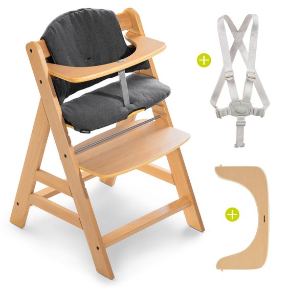 Hauck Alpha Plus Natur Newborn Set - 4-tlg. Hochstuhl + Aufsatz & Wippe Premium Jersey Charcoal + Sitzpolster
