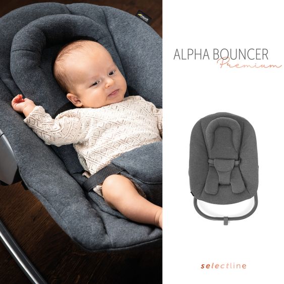 Hauck Alpha Plus Natur Newborn Set - 4-tlg. Hochstuhl + Aufsatz & Wippe Premium Jersey Charcoal + Sitzpolster