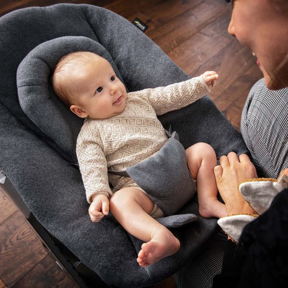 Hauck Alpha Plus Natur Newborn Set - 4-tlg. Hochstuhl + Aufsatz & Wippe Premium Jersey Charcoal + Sitzpolster