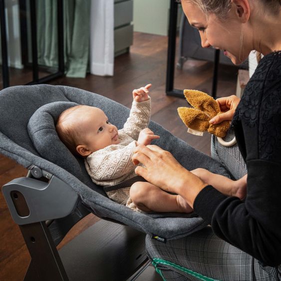 Hauck Alpha Plus Natur Newborn Set - 4-tlg. Hochstuhl + Aufsatz & Wippe Premium Jersey Charcoal + Sitzpolster