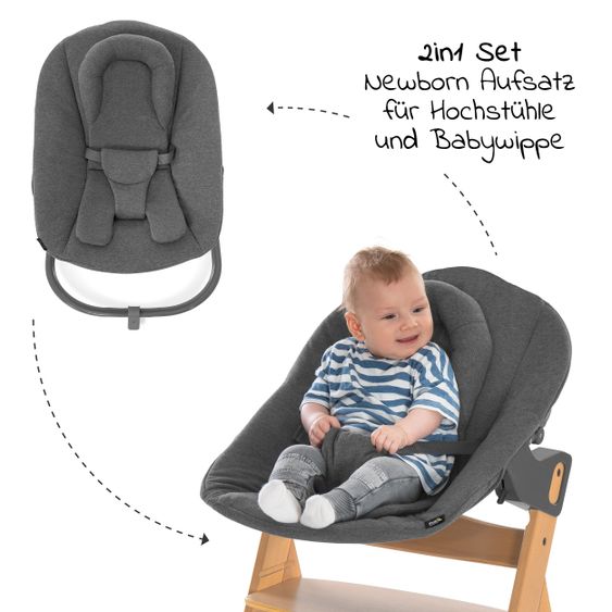 Hauck Alpha Plus Natur Newborn Set - 4-tlg. Hochstuhl + Aufsatz & Wippe Premium Jersey Charcoal + Sitzpolster