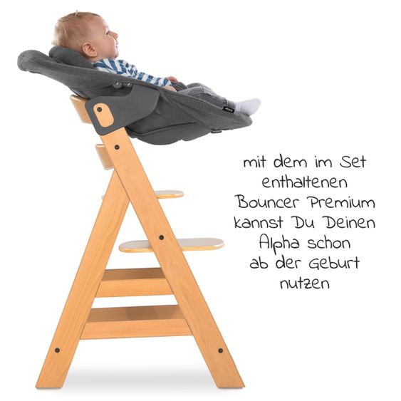 Hauck Alpha Plus Natur Newborn Set - 4-tlg. Hochstuhl + Aufsatz & Wippe Premium Jersey Charcoal + Sitzpolster