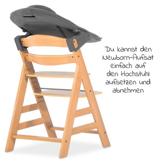 Hauck Alpha Plus Natur Newborn Set - 4-tlg. Hochstuhl + Aufsatz & Wippe Premium Jersey Charcoal + Sitzpolster