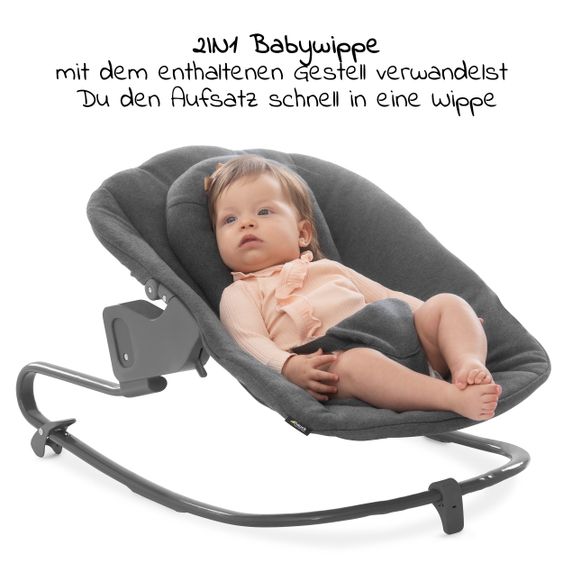 Hauck Alpha Plus Natur Newborn Set - 4-tlg. Hochstuhl + Aufsatz & Wippe Premium Jersey Charcoal + Sitzpolster
