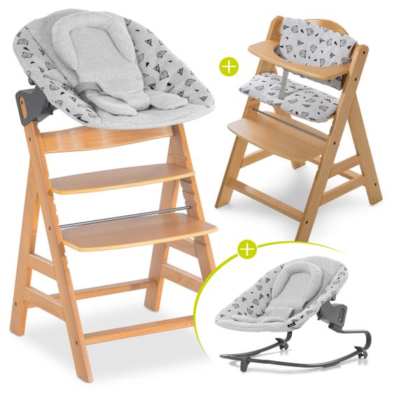 Hauck Alpha Plus Nature Newborn Set - 4-piece high chair + attachment & rocker Premium Nordic Grey + seat cushion