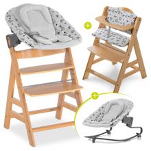 Alpha Plus Natur Newborn Set - 4-tlg. Hochstuhl + Aufsatz & Wippe Premium Nordic Grey + Sitzpolster