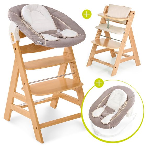 Hauck Alpha Plus Natur Newborn Set - 4-tlg. Hochstuhl + Neugeboreneneinsatz & Wippe Stretch Beige + Sitzpolster