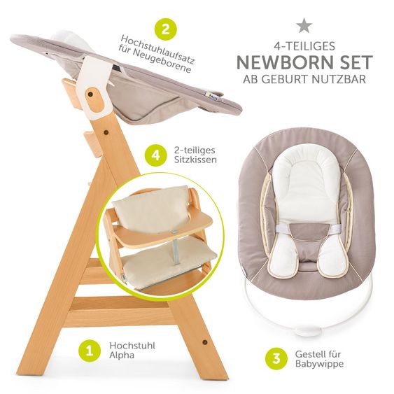 Hauck Alpha Plus Natur Newborn Set - 4-tlg. Hochstuhl + Neugeboreneneinsatz & Wippe Stretch Beige + Sitzpolster