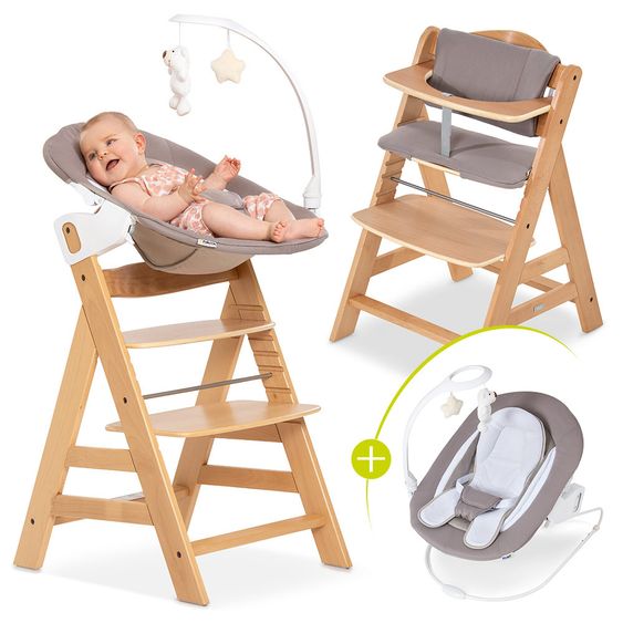 Hauck Alpha Plus Natur Newborn Set Deluxe - 4-tlg. Hochstuhl + Neugeborenenaufsatz (Rückenlehne verstellbar) + Sitzkissen